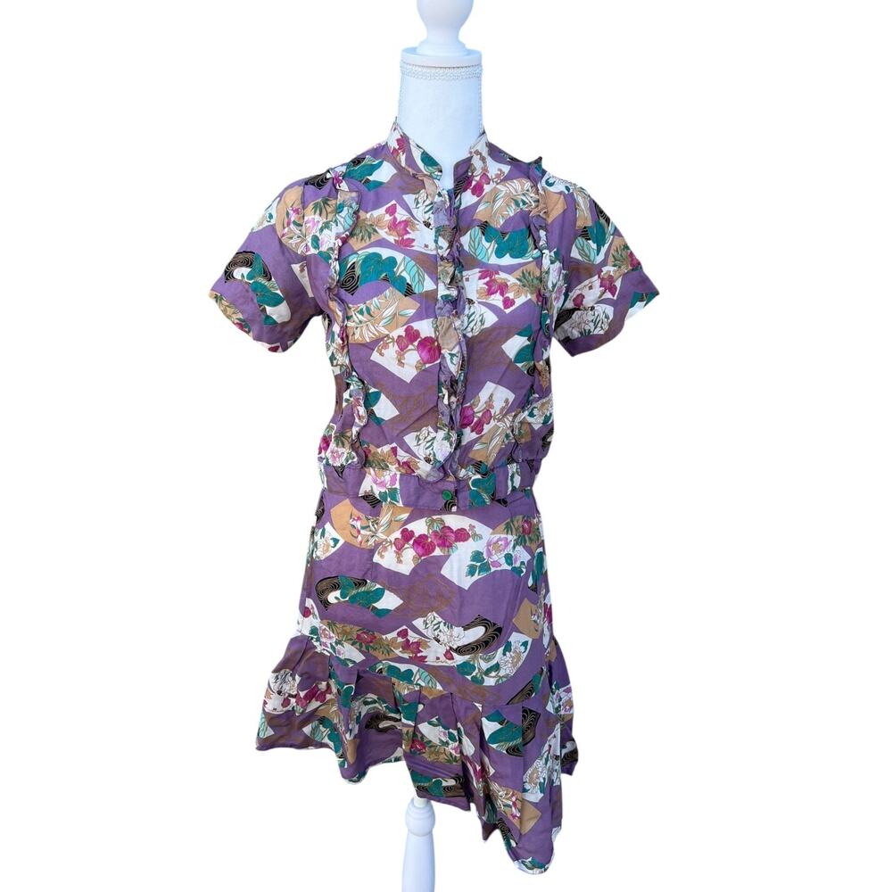 Women's Vintage 80s Blouse & Skirt Set Office Career Purple Floral Print Size M